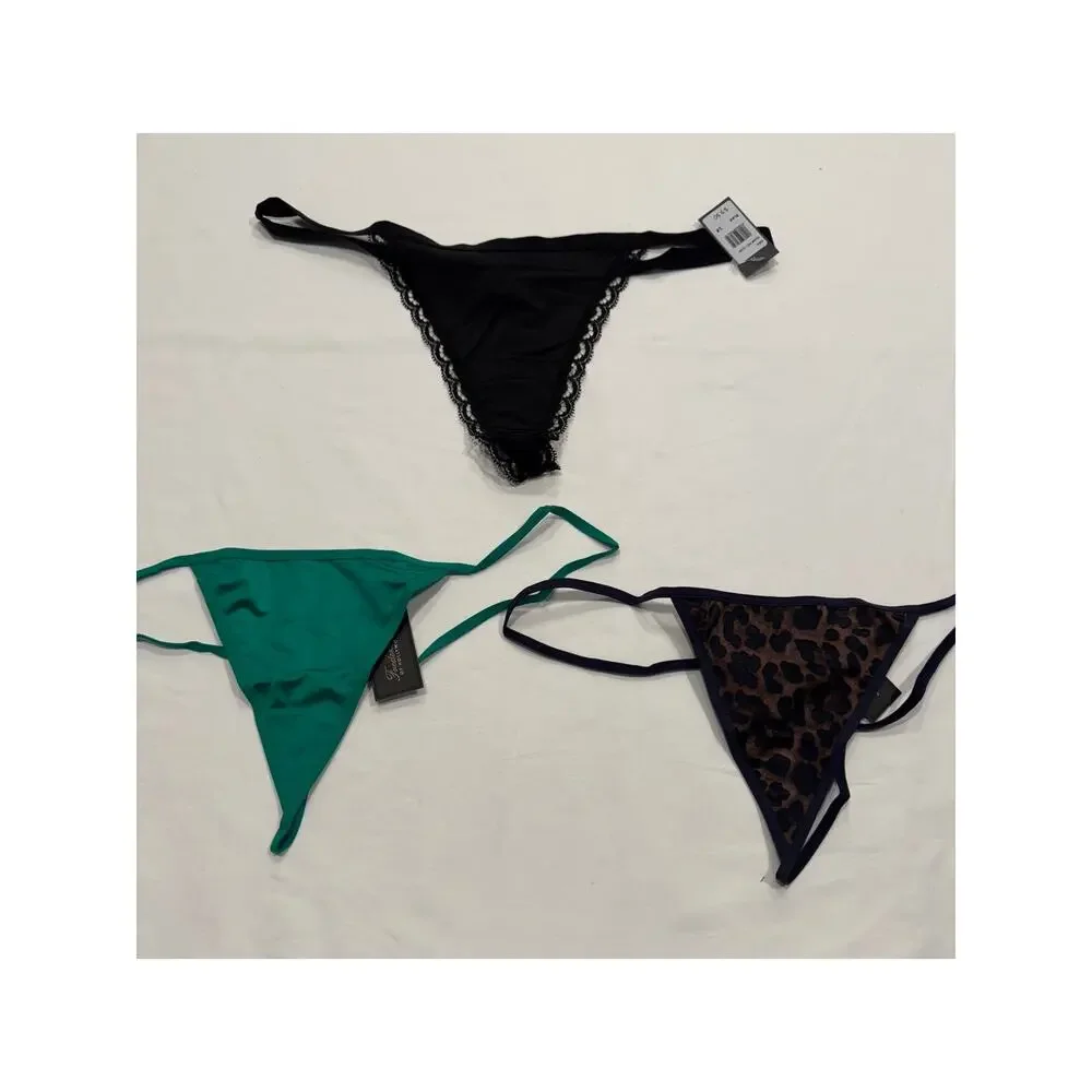 NWT Frederick's of Hollywood Thong String Panties 1X Black‎ Leopard Green LOT 3